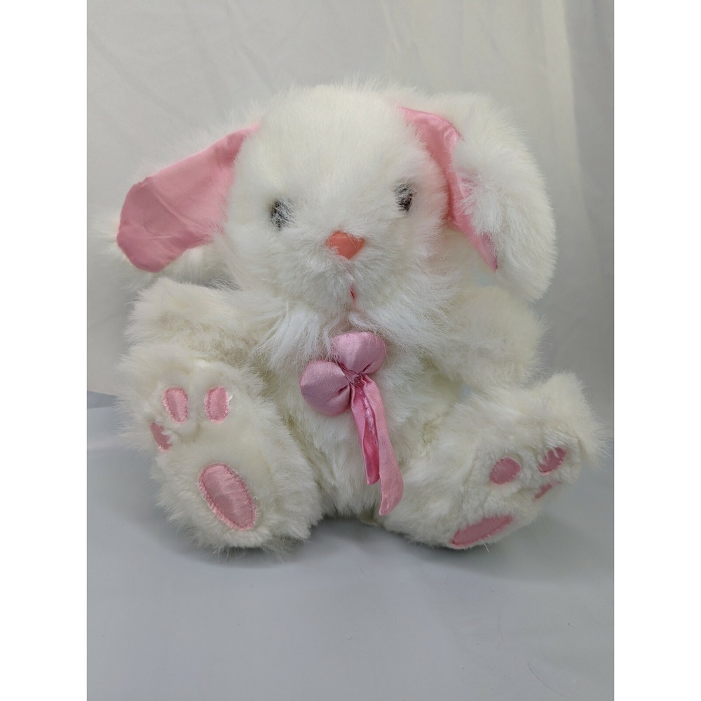 Goffa White Rabbit Plush 9 Inch Pink Satin Bow Ears Feet Stuffed Animal Toy